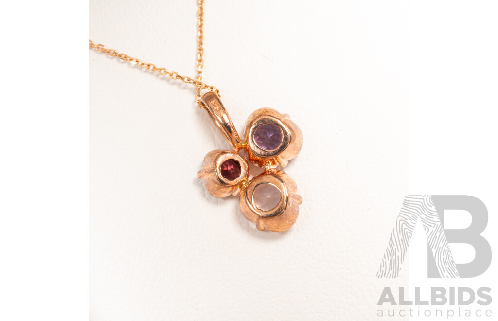 18ct Rose Gold Necklace & 9ct Rose Gold Pendant with Quartz, Garnet and Amethyst - 2.26gms