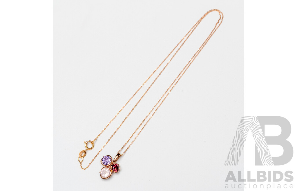 18ct Rose Gold Necklace & 9ct Rose Gold Pendant with Quartz, Garnet and Amethyst - 2.26gms