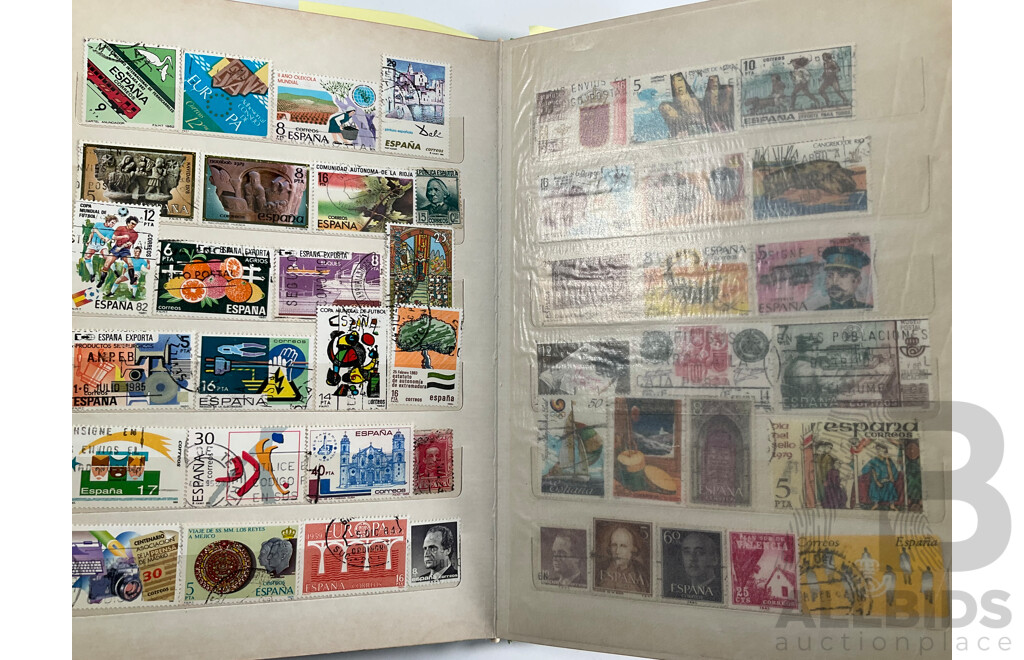 Four Albums of International Vintage Stamps Including Spain, Canada, Mauritius, Philippines, Monaco, Hong Kong, Netherlands, Zambia, Tonga and More