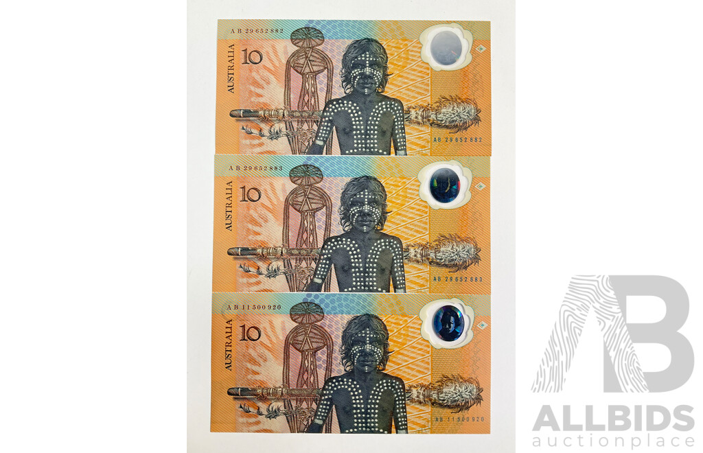 Two Australian 1988 UNC Ten Dollar Notes, Bicentennial Fraser/Evans, R310b, Consecutive AB29652882 - AB29652883 and AB11500920
