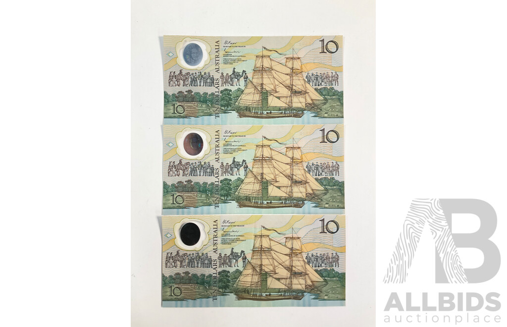 Two Australian 1988 UNC Ten Dollar Notes, Bicentennial Fraser/Evans, R310b, Consecutive AB29652882 - AB29652883 and AB11500920