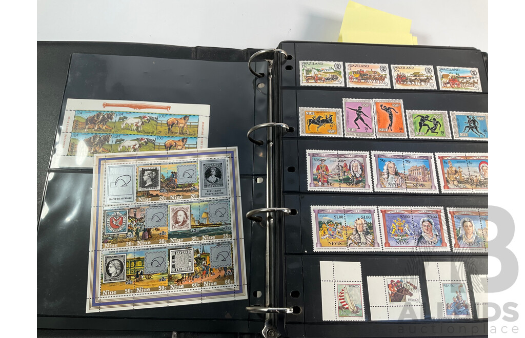 Album of Mostly Mint Commonwealth Countries Stamps Including Dominica, Cook Islands, Falkland Islands, Barbuda, Nauru, Bahamas, Guyana, Gambia, Gilbert Islands, St Helena, South Africa