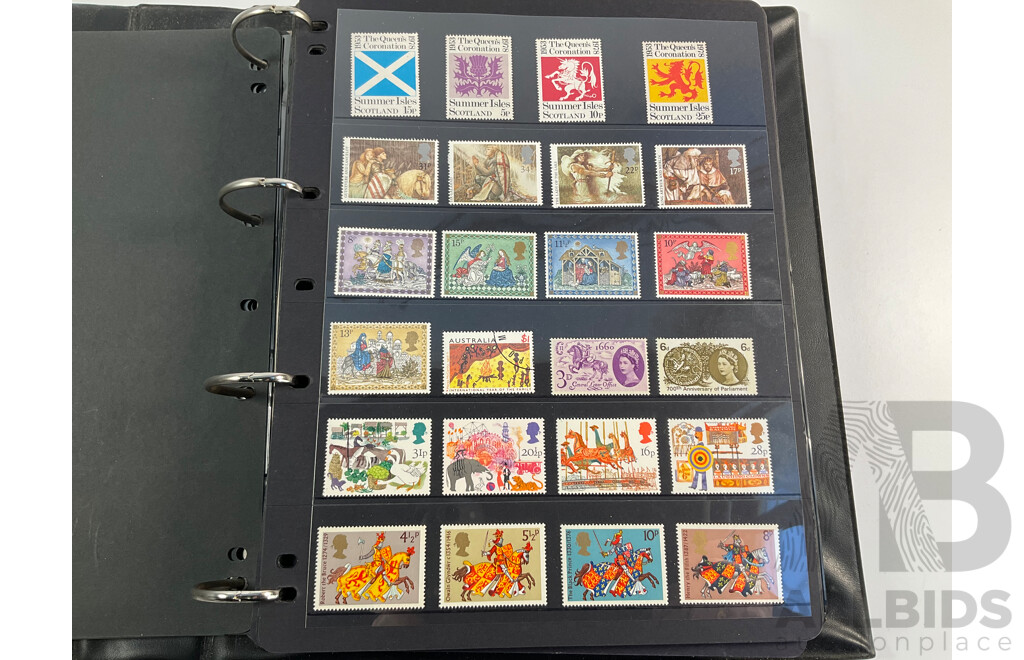 Album of Mostly Mint Commonwealth Countries Stamps Including Dominica, Cook Islands, Falkland Islands, Barbuda, Nauru, Bahamas, Guyana, Gambia, Gilbert Islands, St Helena, South Africa