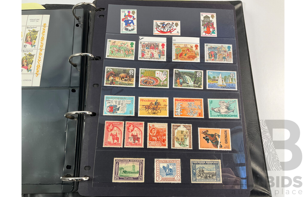 Album of Mostly Mint Commonwealth Countries Stamps Including Dominica, Cook Islands, Falkland Islands, Barbuda, Nauru, Bahamas, Guyana, Gambia, Gilbert Islands, St Helena, South Africa