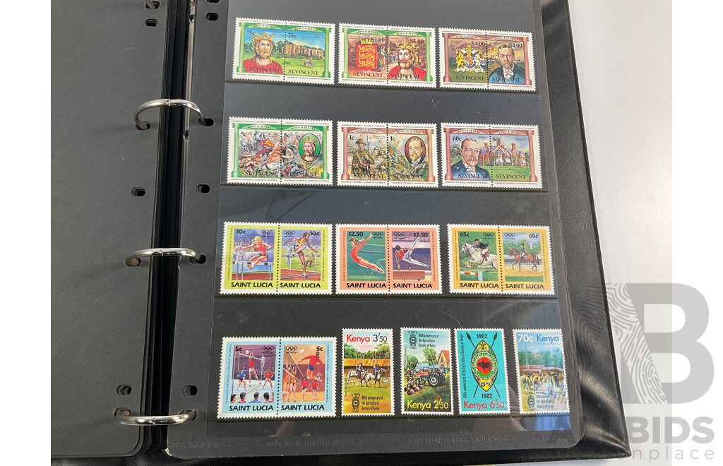 Album of Mostly Mint Commonwealth Countries Stamps Including Dominica, Cook Islands, Falkland Islands, Barbuda, Nauru, Bahamas, Guyana, Gambia, Gilbert Islands, St Helena, South Africa