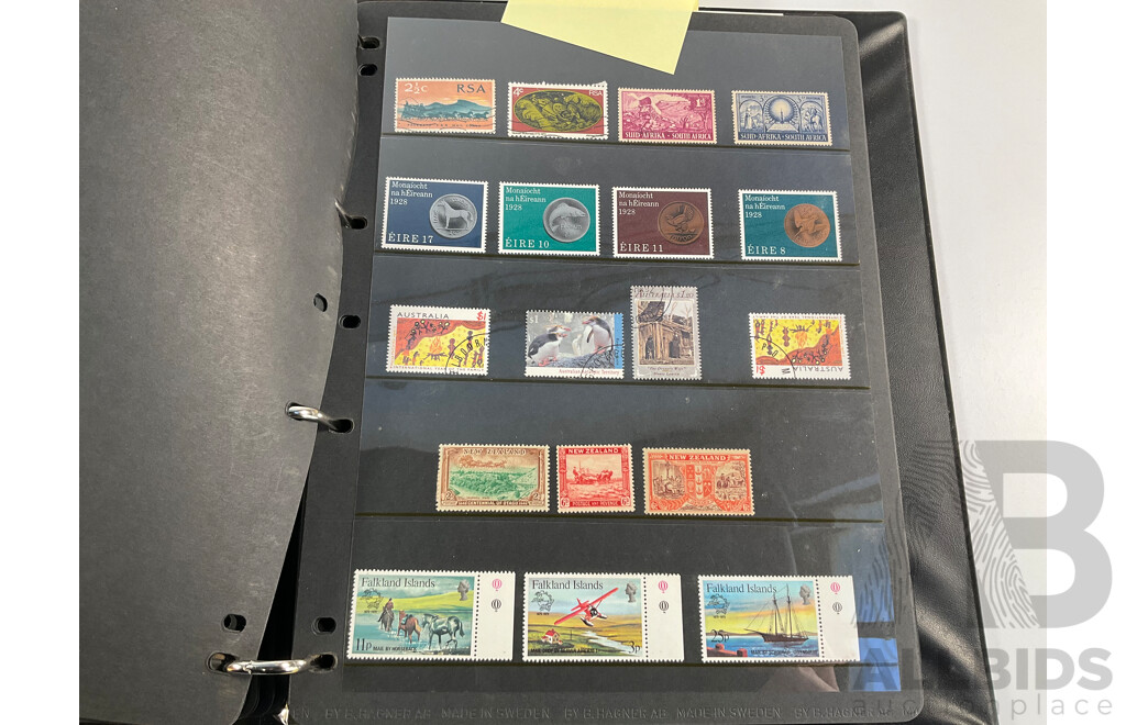 Album of Mostly Mint Commonwealth Countries Stamps Including Dominica, Cook Islands, Falkland Islands, Barbuda, Nauru, Bahamas, Guyana, Gambia, Gilbert Islands, St Helena, South Africa