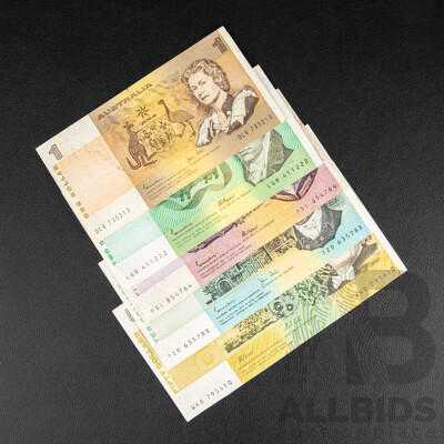 Five Australian Banknotes Including 1991 Fifty Dollars, Fraser/Cole, 1983 Ten Dollars Johnston/Stone, 1985 Five and Two Dollars Dollars Johnston/Fraser, 1982 One Dollar Johnston/Stone