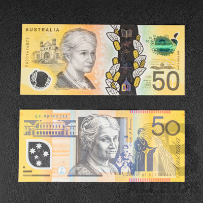Two Australian Fifty Dollar Notes, 2020 UNC Lowe/Gaetjens Last Prefix EA 201476875, 2009 Stevens/Henry with Dropped '9' on Upper Serial QF 09705244