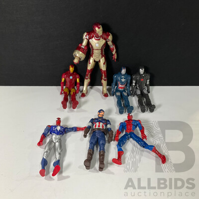 Seven Marvel Character Display Figures Including Spider Man, Captain America, Iron Man and More