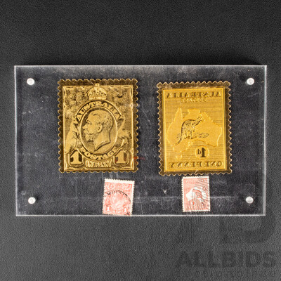 Australian Gilded KGV Head and Kangaroo on Map Oversize Stamps with 1913 Originals in Perspex Display Stand