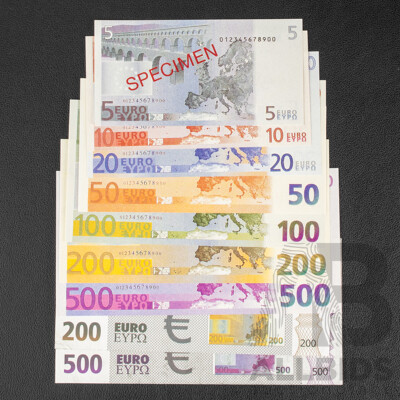 Collection of Euro Specimen Paper Notes, Five Euro to Five Hundred Euro