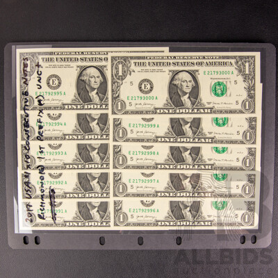 Ten USA 2017 One Dollar Banknotes, Federal Reserve Richmond District, Consecutive E 21792991A - E 21793000A