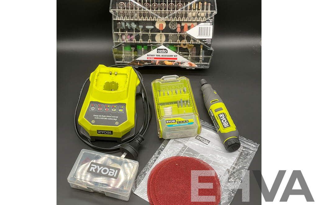 RYOBI Rotary Tool (RRT4), RYOBI Battery Charger and Assorted RYOBI and OZITO Rotary Tool Accesory Kits - Lot of 5