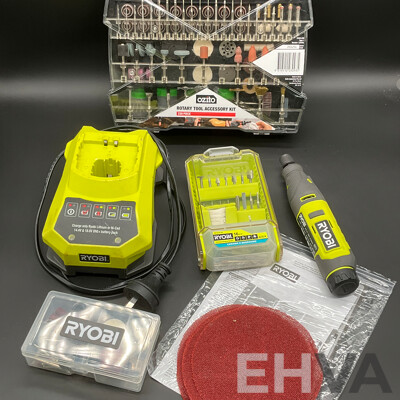 RYOBI Rotary Tool (RRT4), RYOBI Battery Charger and Assorted RYOBI and OZITO Rotary Tool Accesory Kits - Lot of 5
