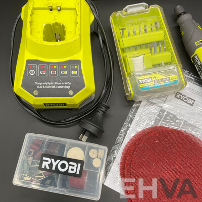 RYOBI Rotary Tool (RRT4), RYOBI Battery Charger and Assorted RYOBI and OZITO Rotary Tool Accesory Kits - Lot of 5