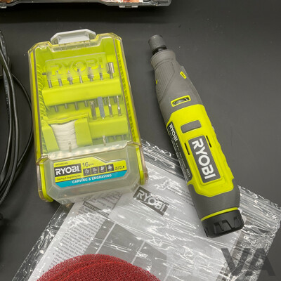 RYOBI Rotary Tool (RRT4), RYOBI Battery Charger and Assorted RYOBI and OZITO Rotary Tool Accesory Kits - Lot of 5