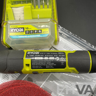 RYOBI Rotary Tool (RRT4), RYOBI Battery Charger and Assorted RYOBI and OZITO Rotary Tool Accesory Kits - Lot of 5