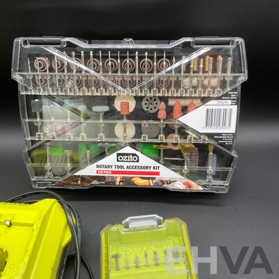 RYOBI Rotary Tool (RRT4), RYOBI Battery Charger and Assorted RYOBI and OZITO Rotary Tool Accesory Kits - Lot of 5