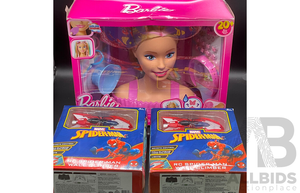 BARBIE Doll Styling Head and MARVEL Spider-Man Remote Control Wall Climber Toy Car (2x) - Lot of 3