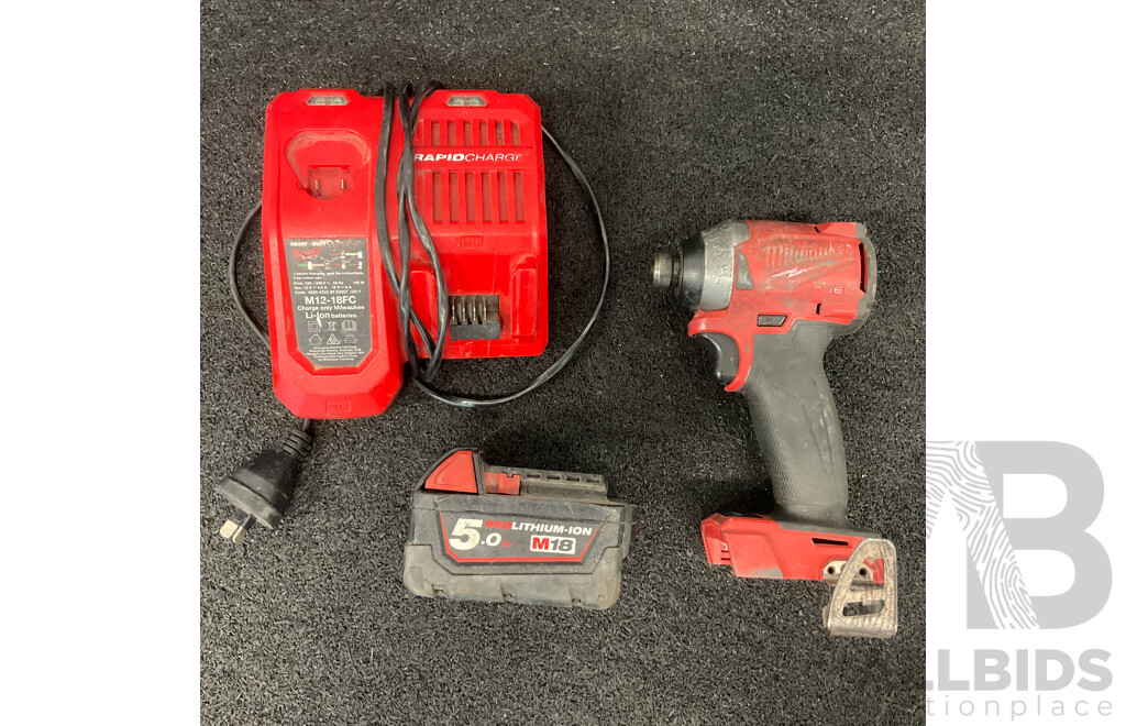 MILWAUKEE M18 Impact Driver (M18FID2) with 5.0Ah Battery and Battery Charger (M12-18FC) - Lot of 3