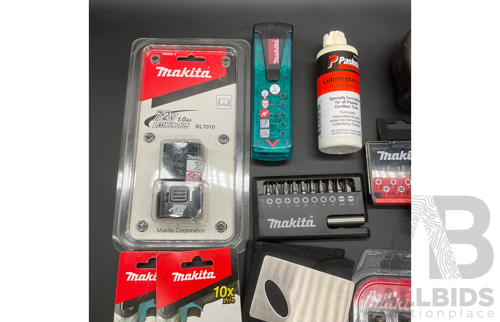 MAKITA 7.2V 1.0Ah Battery and Assorted Accessories and Detector - Lot of 19