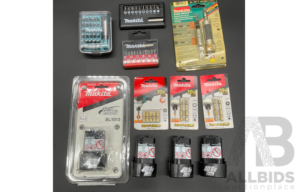 MAKITA 10.8V 1.3Ah Battery (4x) and Assorted Tool Accessories  - Lot of 11