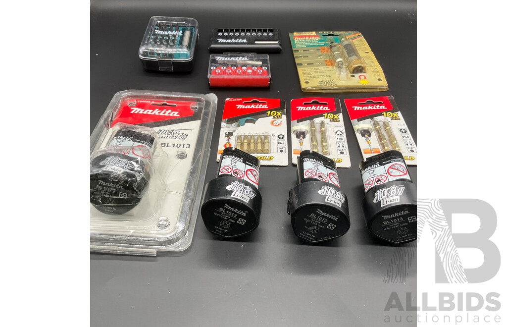 MAKITA 10.8V 1.3Ah Battery (4x) and Assorted Tool Accessories  - Lot of 11