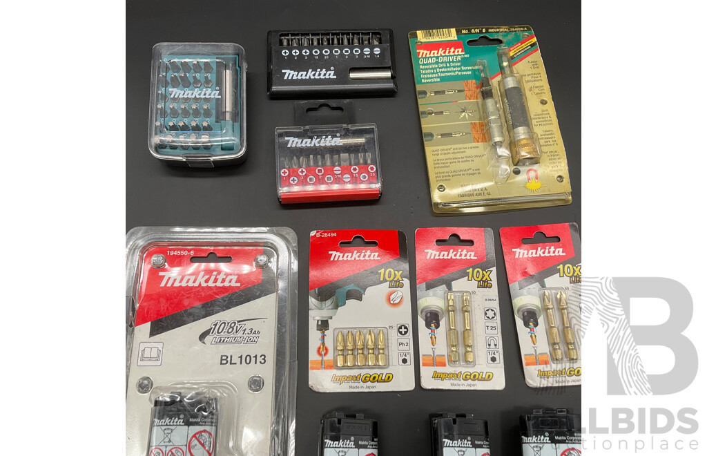 MAKITA 10.8V 1.3Ah Battery (4x) and Assorted Tool Accessories  - Lot of 11
