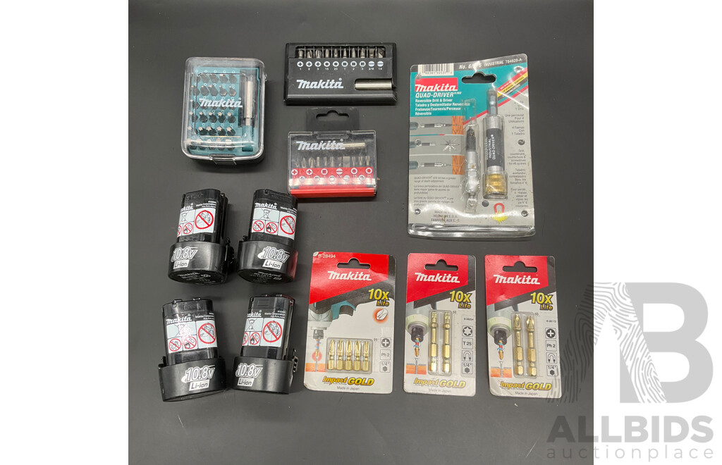MAKITA 10.8V 1.3Ah Battery (4x) and Assorted Tool Accessories  - Lot of 11