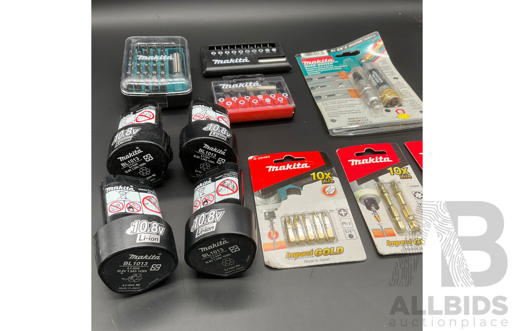 MAKITA 10.8V 1.3Ah Battery (4x) and Assorted Tool Accessories  - Lot of 11
