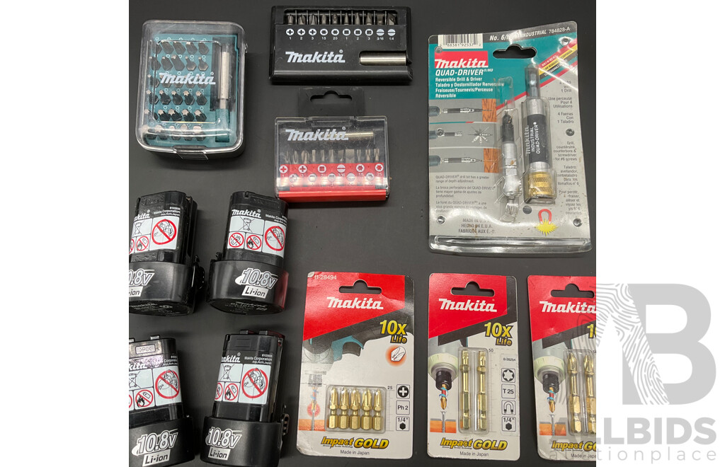 MAKITA 10.8V 1.3Ah Battery (4x) and Assorted Tool Accessories  - Lot of 11