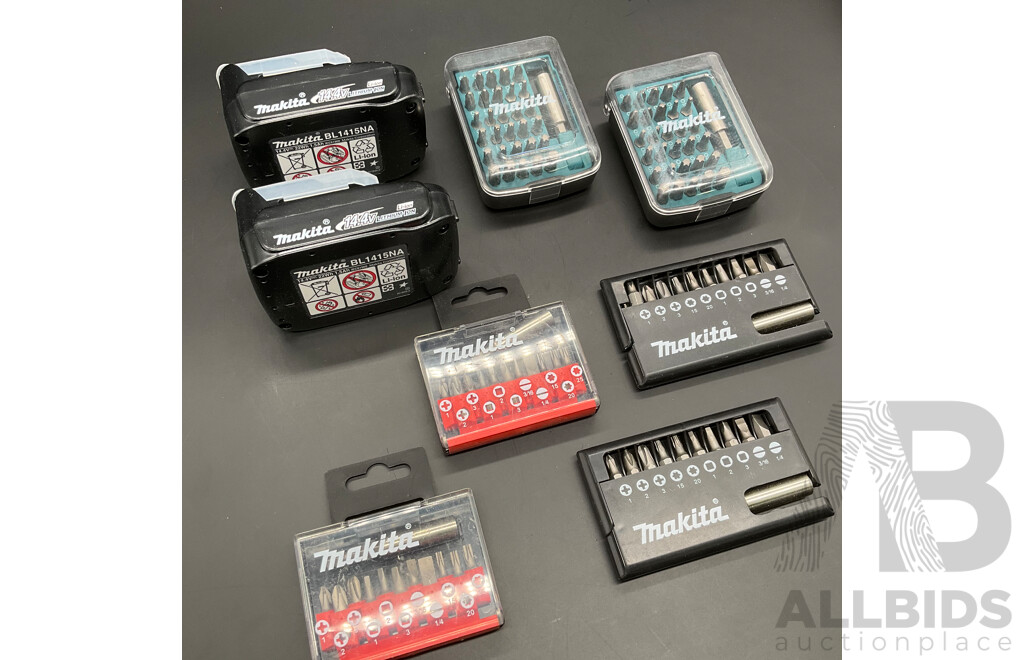 MAKITA 14.4V 1.5Ah Battery (2x) and Assorted Tool Accessories  - Lot of 8