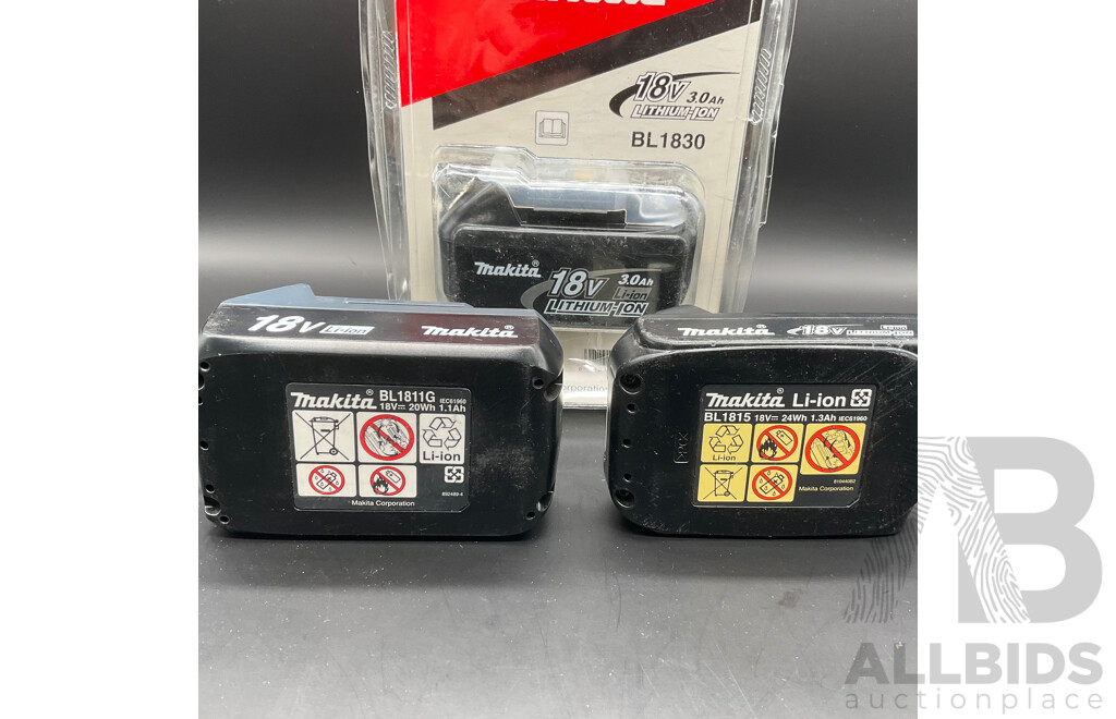 MAKITA 18V 3.0Ah, 1.1Ah and 1.3Ah Battery  - Lot of 3