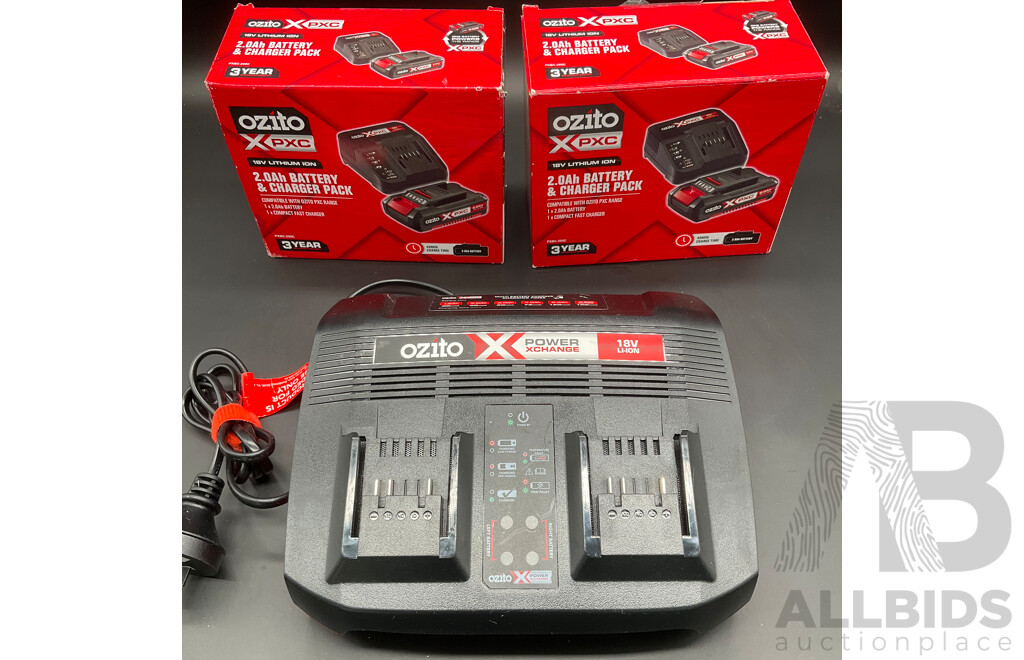 OZITO X PXC 2.0Ah Battery & Charger Pack (2x) and Dual Battery Charger - Lot of 3