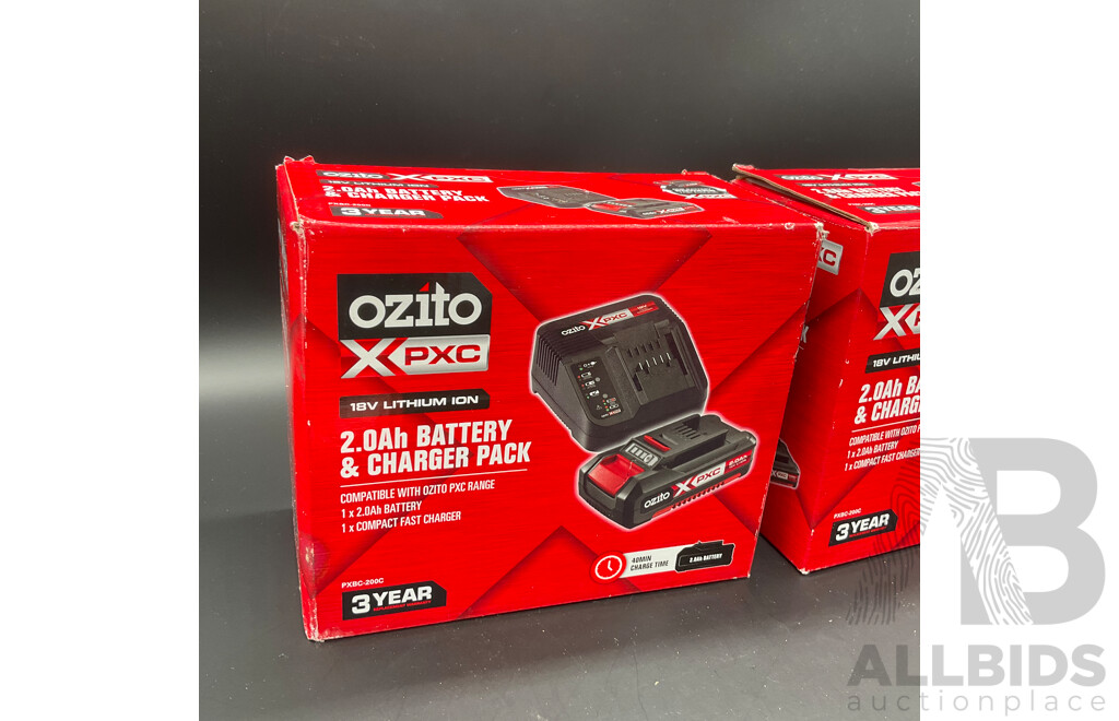 OZITO X PXC 2.0Ah Battery & Charger Pack (2x) and Dual Battery Charger - Lot of 3
