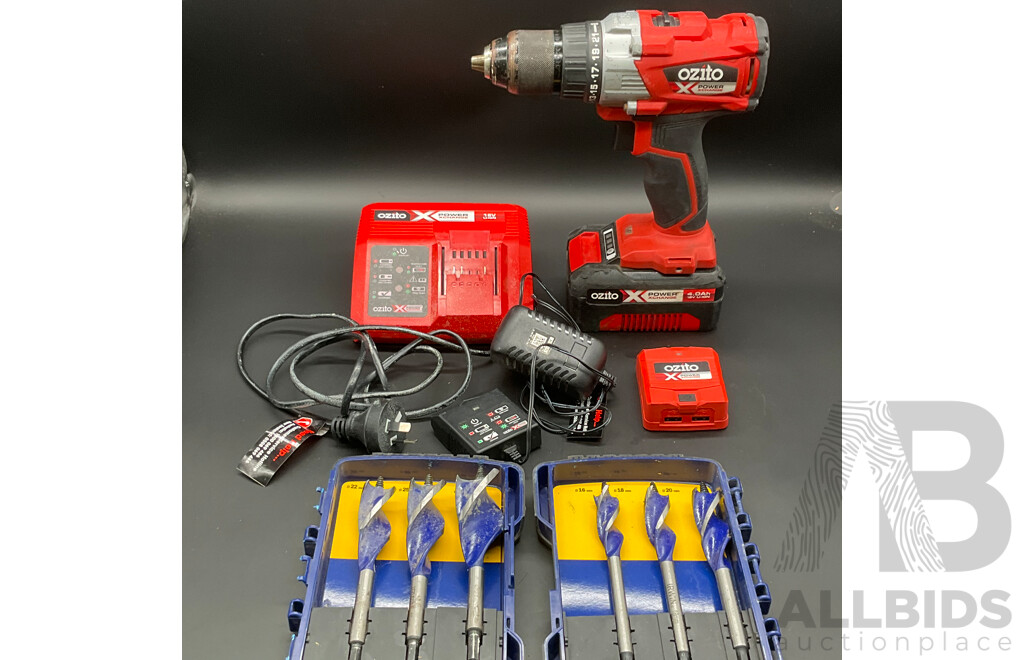OZITO X 18V Hammer Drill with 4.0Ah Battery, Assorted Battery Chargeres and IRWIN 6-Piece Drill Bit Set  - Lot of 6