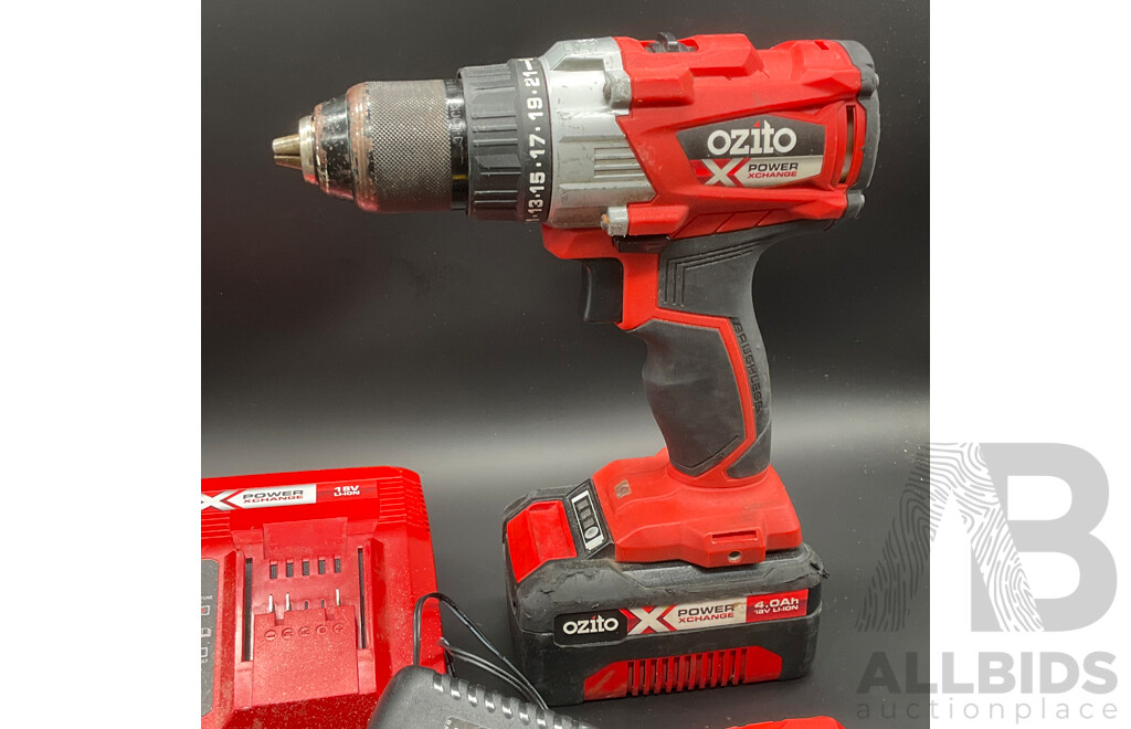 OZITO X 18V Hammer Drill with 4.0Ah Battery, Assorted Battery Chargeres and IRWIN 6-Piece Drill Bit Set  - Lot of 6