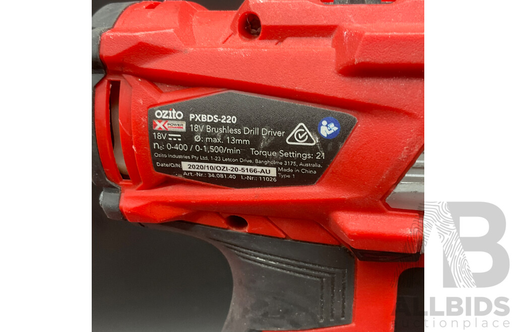 OZITO X 18V Hammer Drill with 4.0Ah Battery, Assorted Battery Chargeres and IRWIN 6-Piece Drill Bit Set  - Lot of 6