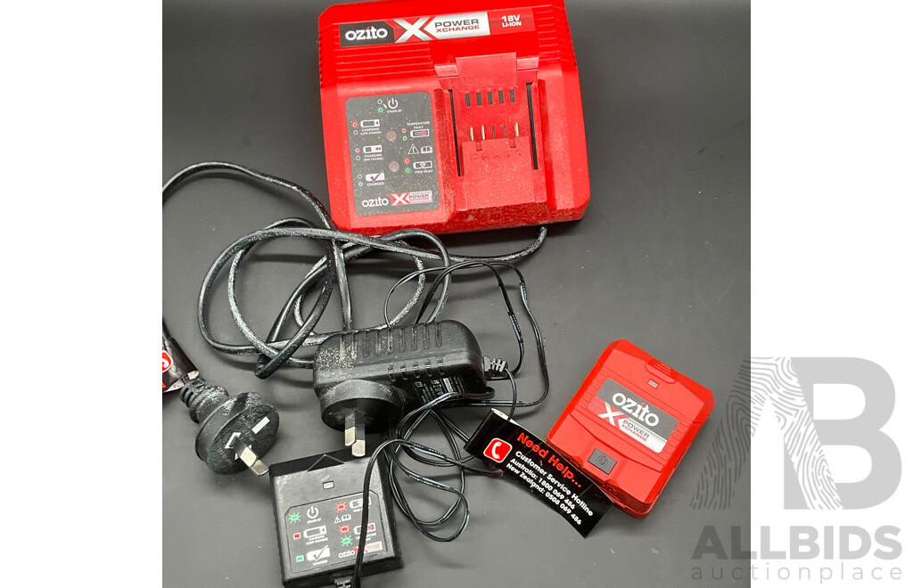 OZITO X 18V Hammer Drill with 4.0Ah Battery, Assorted Battery Chargeres and IRWIN 6-Piece Drill Bit Set  - Lot of 6