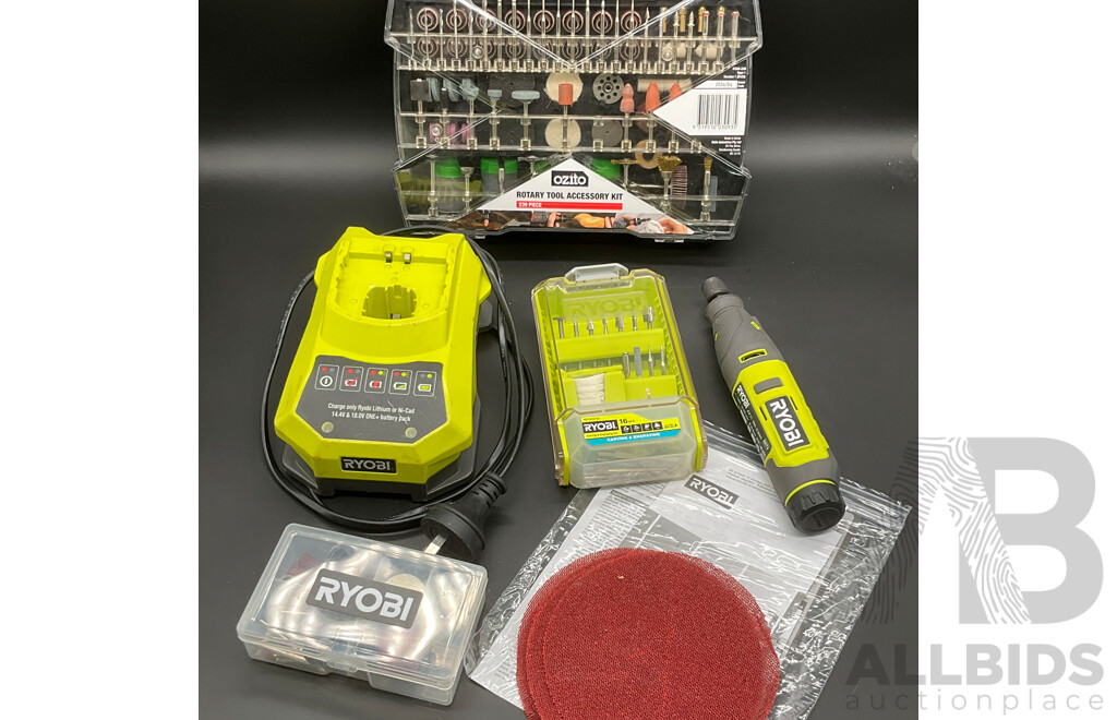 RYOBI Rotary Tool (RRT4), RYOBI Battery Charger and Assorted RYOBI and OZITO Rotary Tool Accesory Kits - Lot of 5