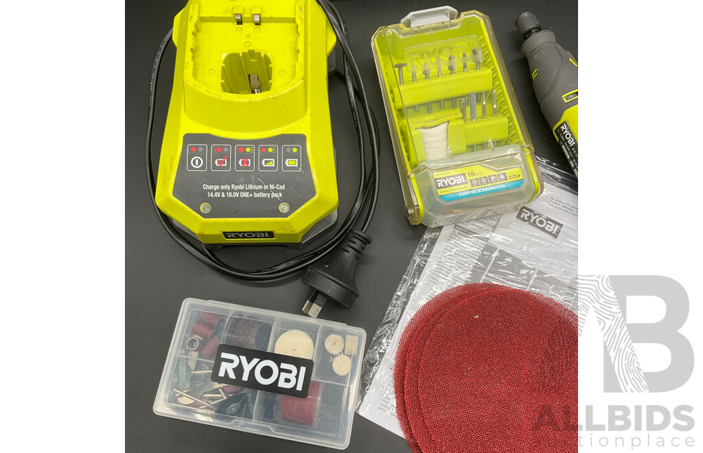 RYOBI Rotary Tool (RRT4), RYOBI Battery Charger and Assorted RYOBI and OZITO Rotary Tool Accesory Kits - Lot of 5