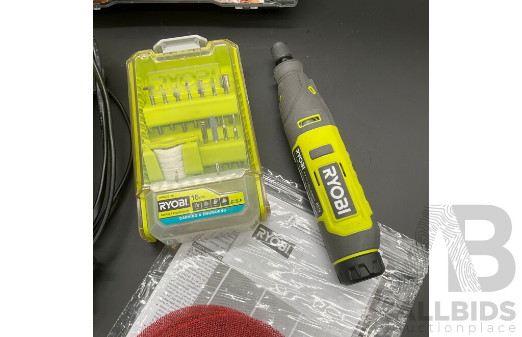 RYOBI Rotary Tool (RRT4), RYOBI Battery Charger and Assorted RYOBI and OZITO Rotary Tool Accesory Kits - Lot of 5