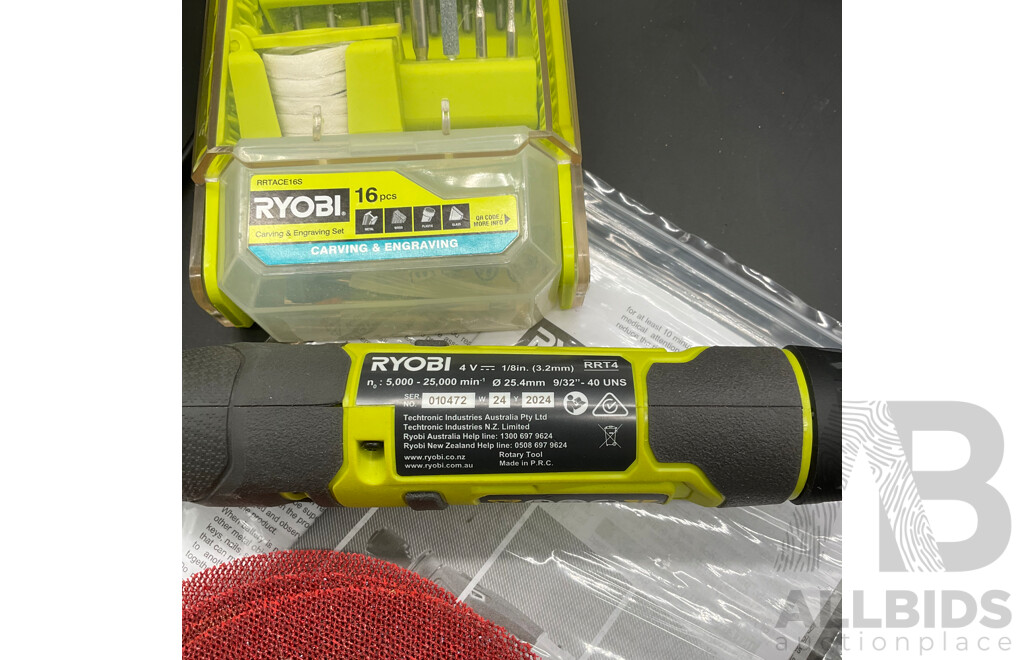 RYOBI Rotary Tool (RRT4), RYOBI Battery Charger and Assorted RYOBI and OZITO Rotary Tool Accesory Kits - Lot of 5