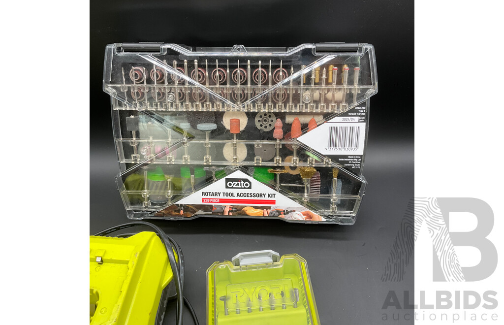 RYOBI Rotary Tool (RRT4), RYOBI Battery Charger and Assorted RYOBI and OZITO Rotary Tool Accesory Kits - Lot of 5