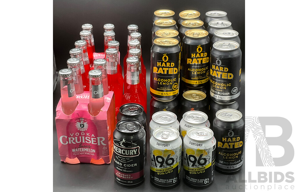 HARD RATED, VODKA CRUISER and Others Alcoholic Mix Drinks - Assorted Flavors - Lot of 47