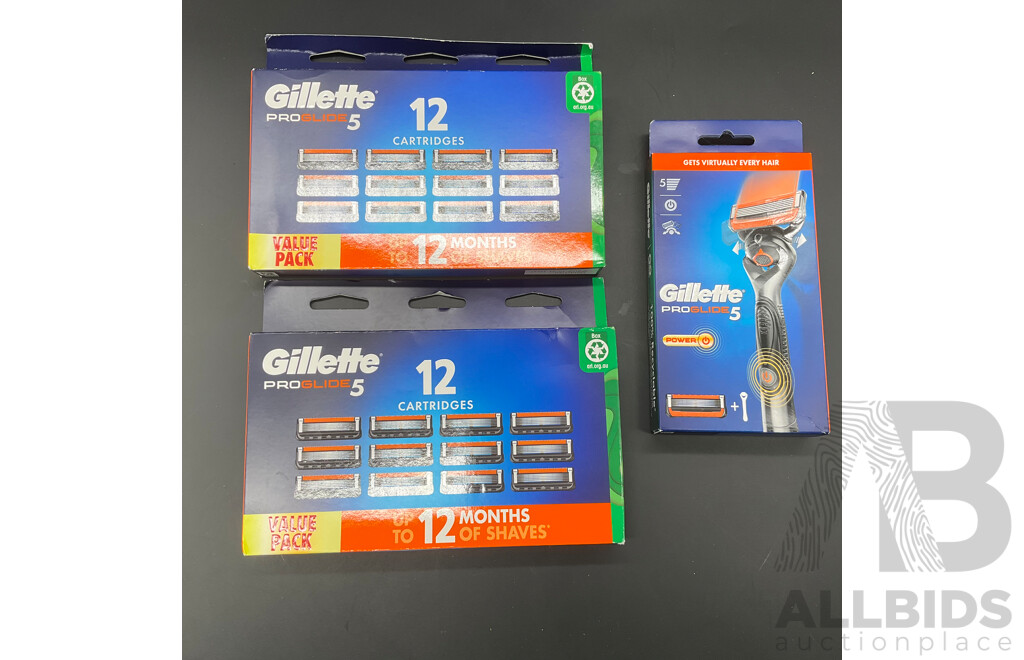 GILLETTE Pro Glide5 Power Razor and Razor Blade Refills (12 Packs X2) - Lot of 3