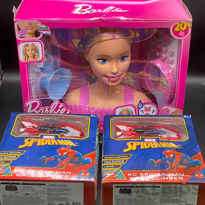 BARBIE Doll Styling Head and MARVEL Spider-Man Remote Control Wall Climber Toy Car (2x) - Lot of 3