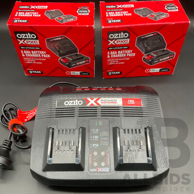 OZITO X PXC 2.0Ah Battery & Charger Pack (2x) and Dual Battery Charger - Lot of 3