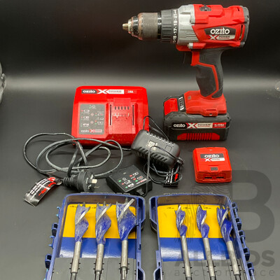 OZITO X 18V Hammer Drill with 4.0Ah Battery, Assorted Battery Chargeres and IRWIN 6-Piece Drill Bit Set  - Lot of 6