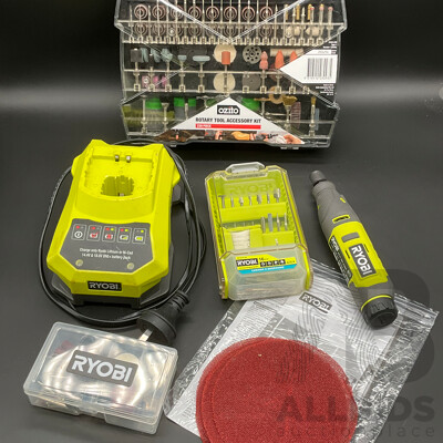 RYOBI Rotary Tool (RRT4), RYOBI Battery Charger and Assorted RYOBI and OZITO Rotary Tool Accesory Kits - Lot of 5